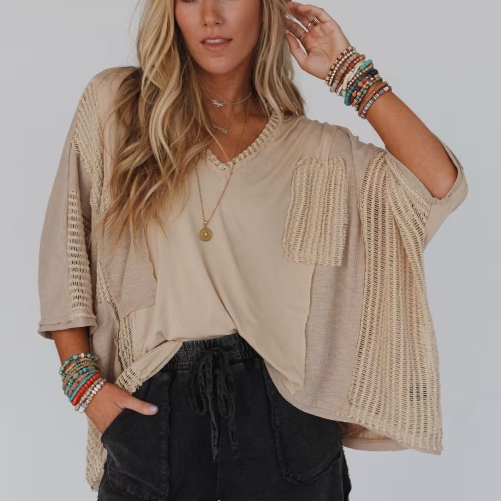 POL Beige Knit Patchwork Top - image 3